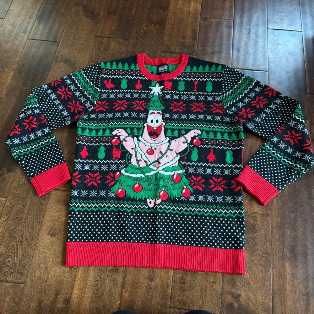 SpongeBob Patrick Star Christmas Tree Sweater Mens Large Holiday Knit Pullover